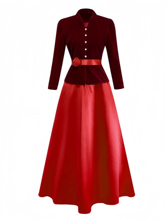 2PCS Veste en velours à col en V et jupe vin rouge années 1940