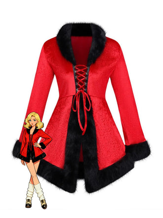 Veste de Noël en velours à lacets et bordure en fourrure rouge des années 1970