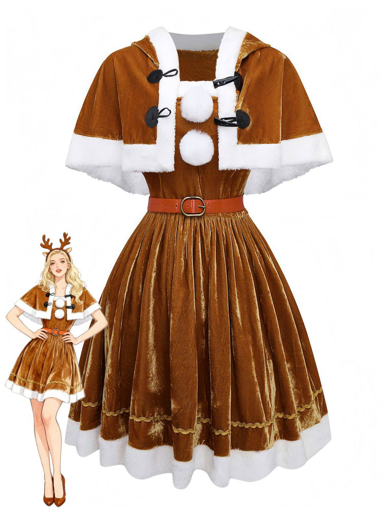 2PCS Cape de Noël marron et robe en velours des années 1940