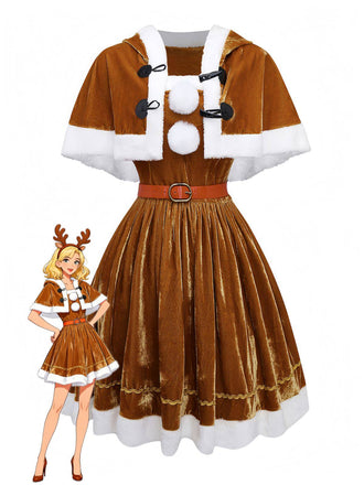 2PCS Cape de Noël marron et robe en velours des années 1940