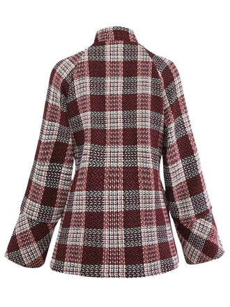 Manteau rouge à carreaux en tweed col montant des années 1950