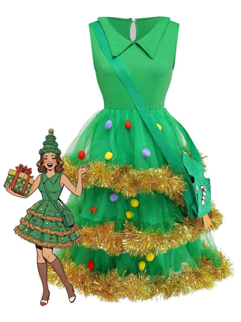 Ensemble de robe à volants vert sapin de Noël des années 1950