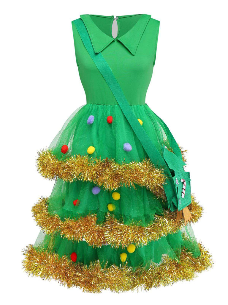 Ensemble de robe à volants vert sapin de Noël des années 1950