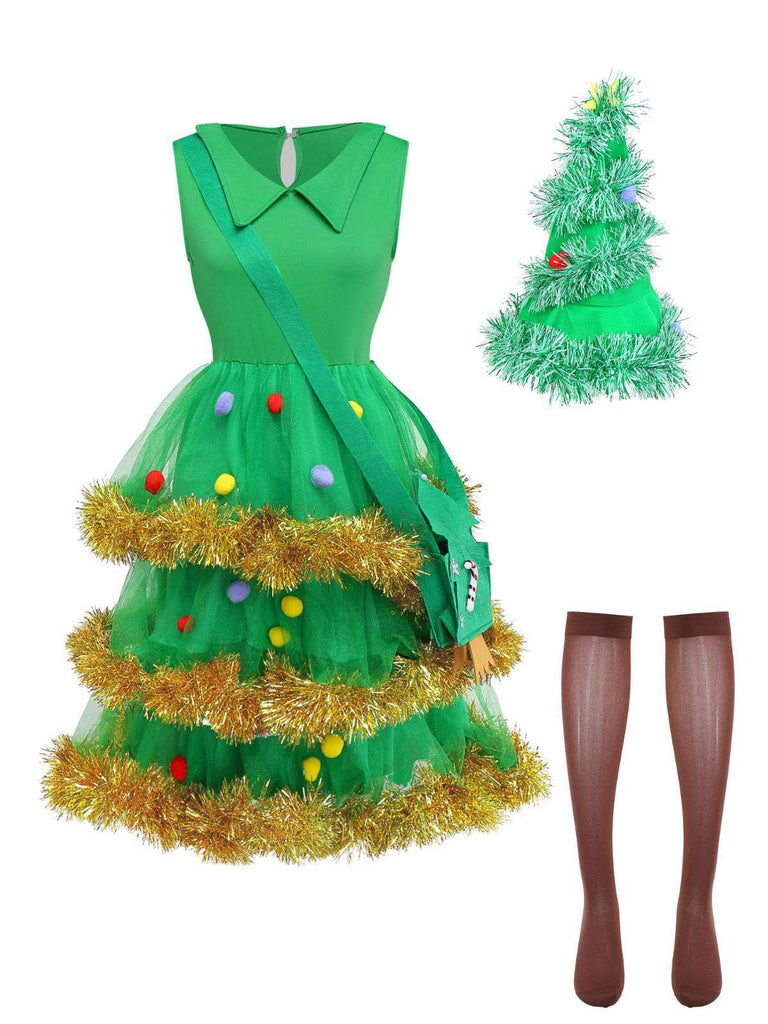 Ensemble de robe à volants vert sapin de Noël des années 1950
