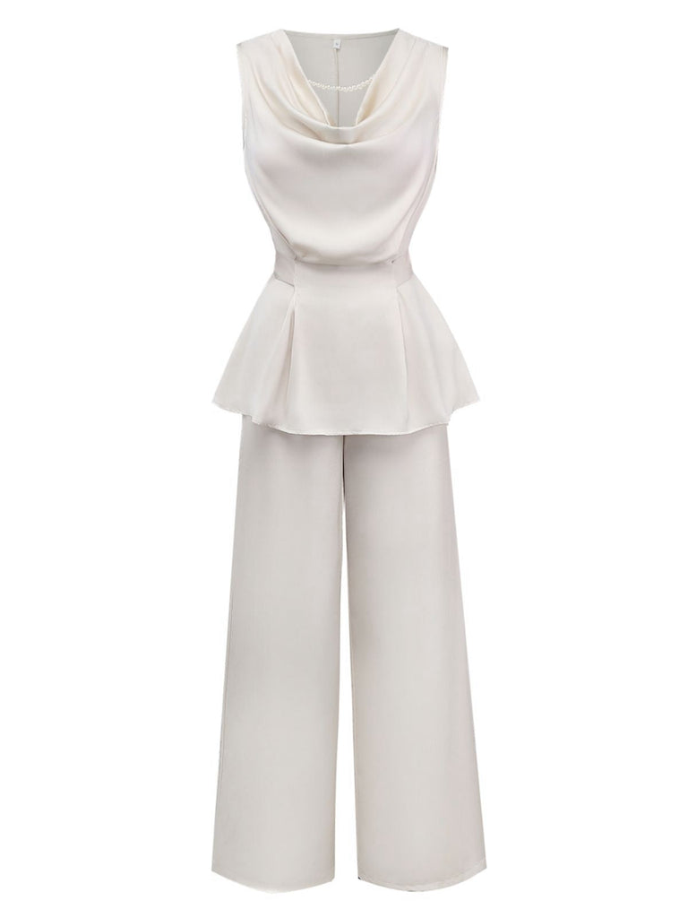 2PCS Haut et pantalon beiges à col bénitier sans manches, style années 1950