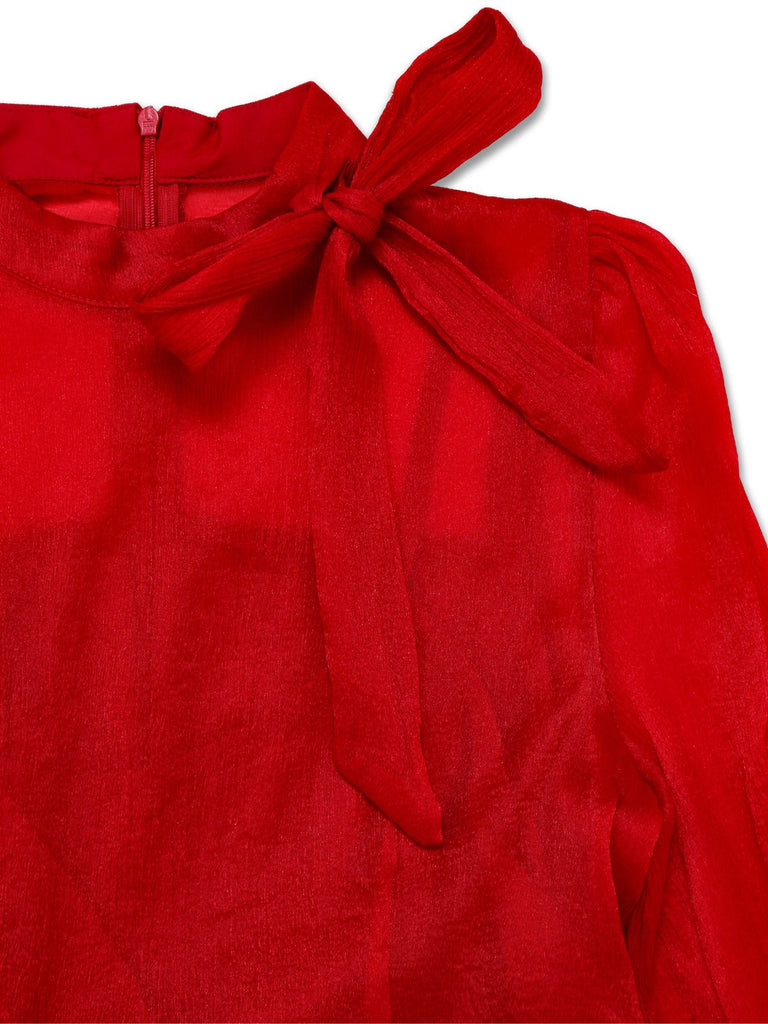 Robe rouge unie manches longues et col noué froncé des années 1960