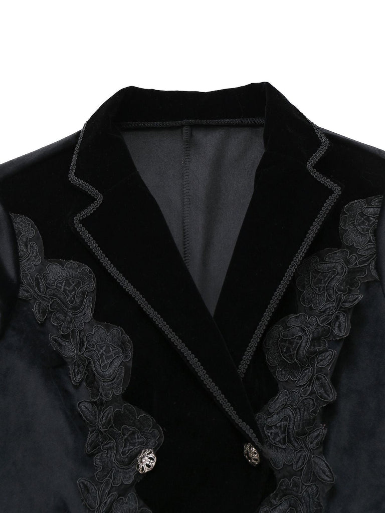 Veste noire brodée de fleurs de style victorien des années 1950