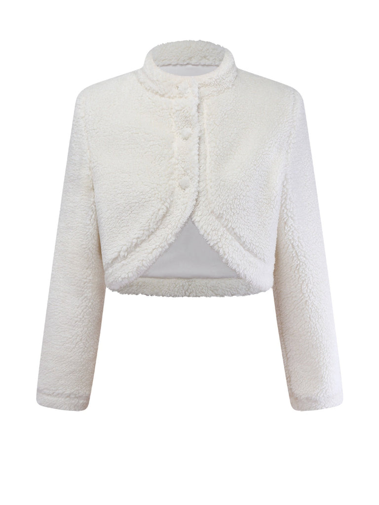 Veste blanche à col montant en fausse laine années 60