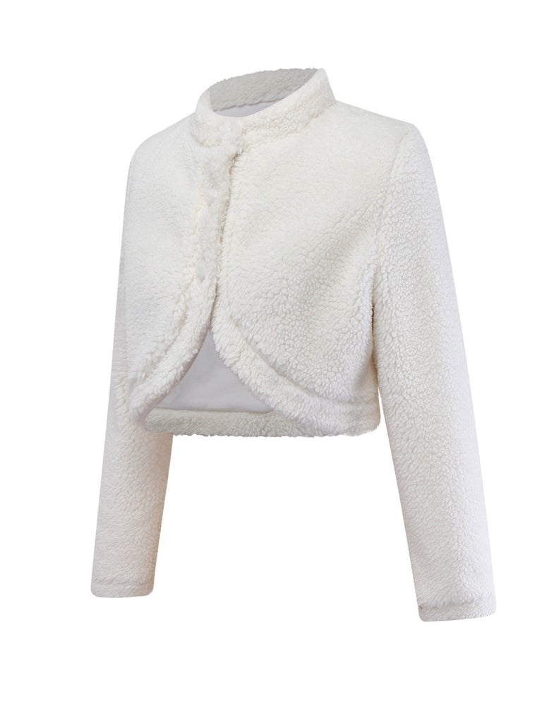 Veste blanche à col montant en fausse laine années 60