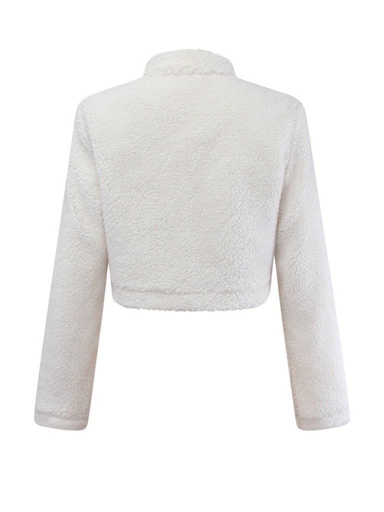 Veste blanche à col montant en fausse laine années 60