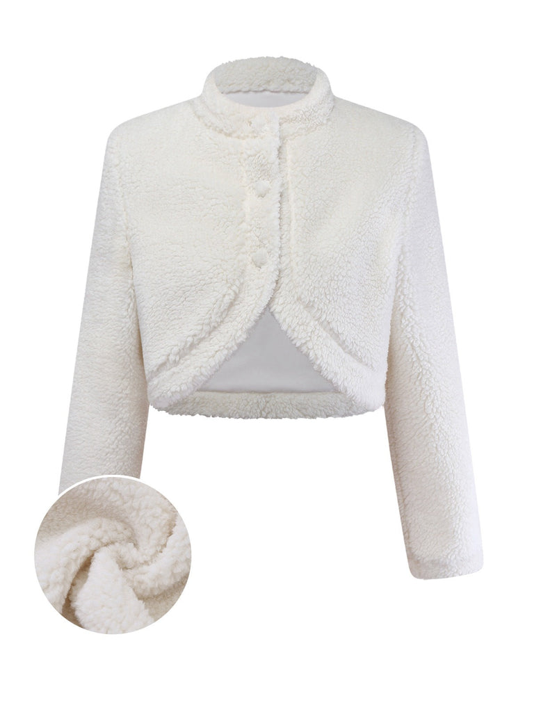 Veste blanche à col montant en fausse laine années 60