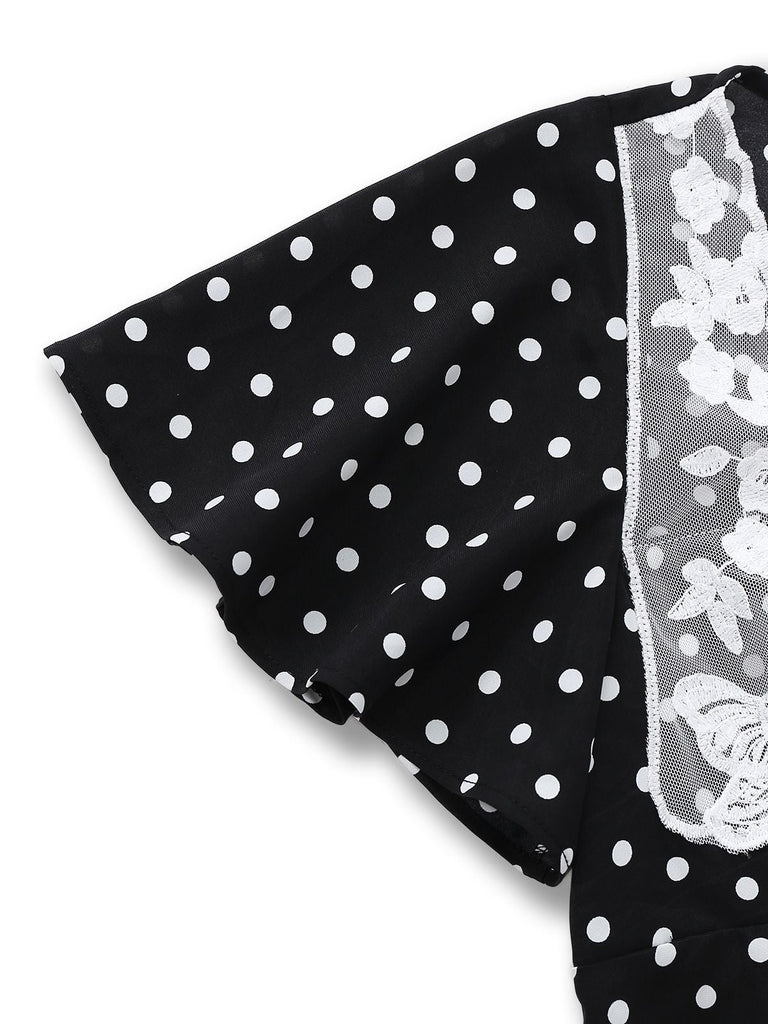 [Prévente] Robe noire à pois patchwork en dentelle manches évasées des années 1930
