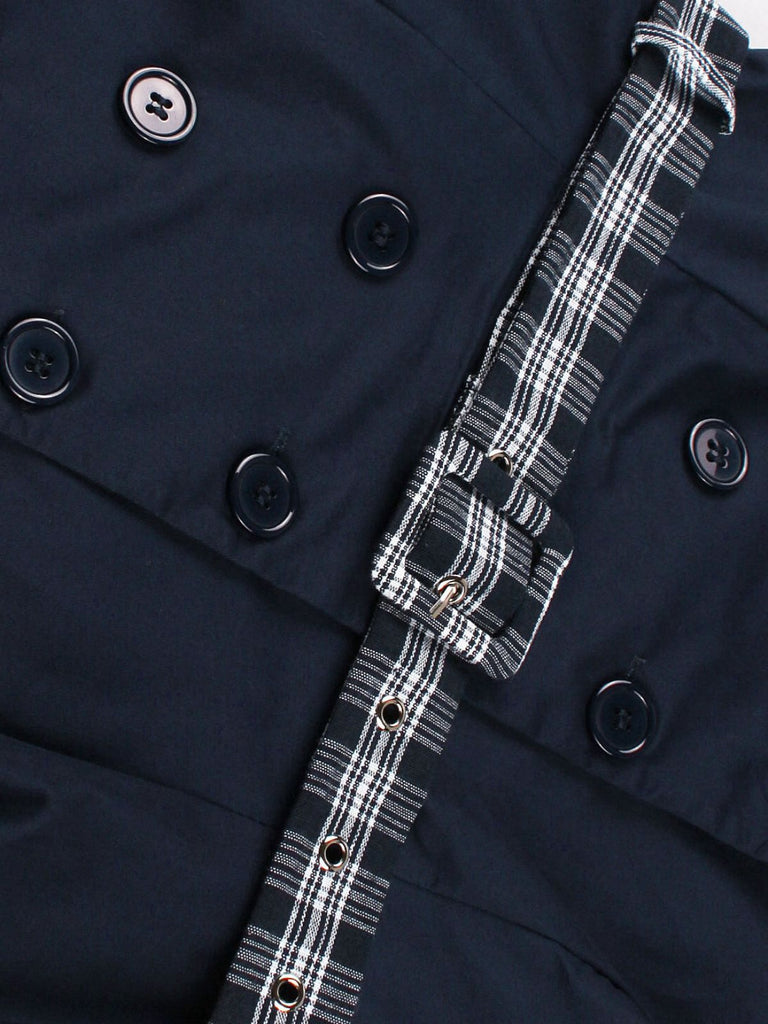 Robe croisée à carreaux col rever bleu avec ceinture des années 1950