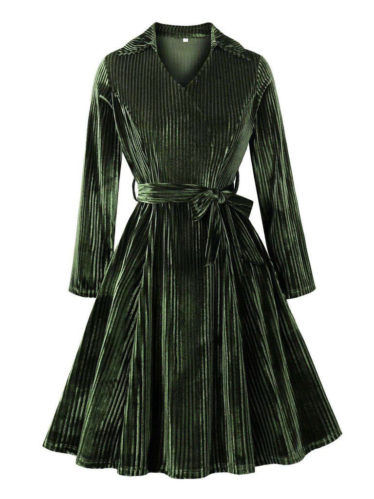 Robe de Noël verte en velours côtelé manches longues des années 1950