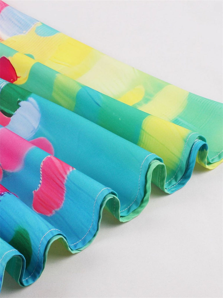 Robe à licou rouge à imprimés peintures psychédéliques années 1950