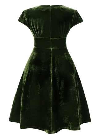 [Prévente] [Grande taille] Robe verte en velours perlé col en V profond des années 1940