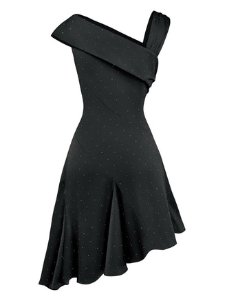 [Prévente] Robe noire en satin et strass épaules dénudées années 1960