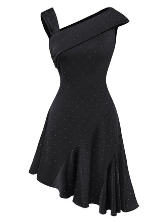 [Prévente] Robe noire en satin et strass épaules dénudées années 1960