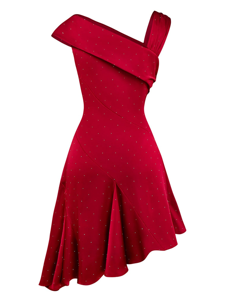 [Prévente] Robe bordeaux en satin et strass épaules dénudées années 1960