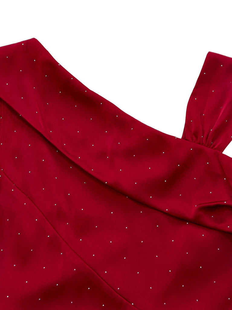 [Prévente] Robe noire en satin et strass épaules dénudées années 1960