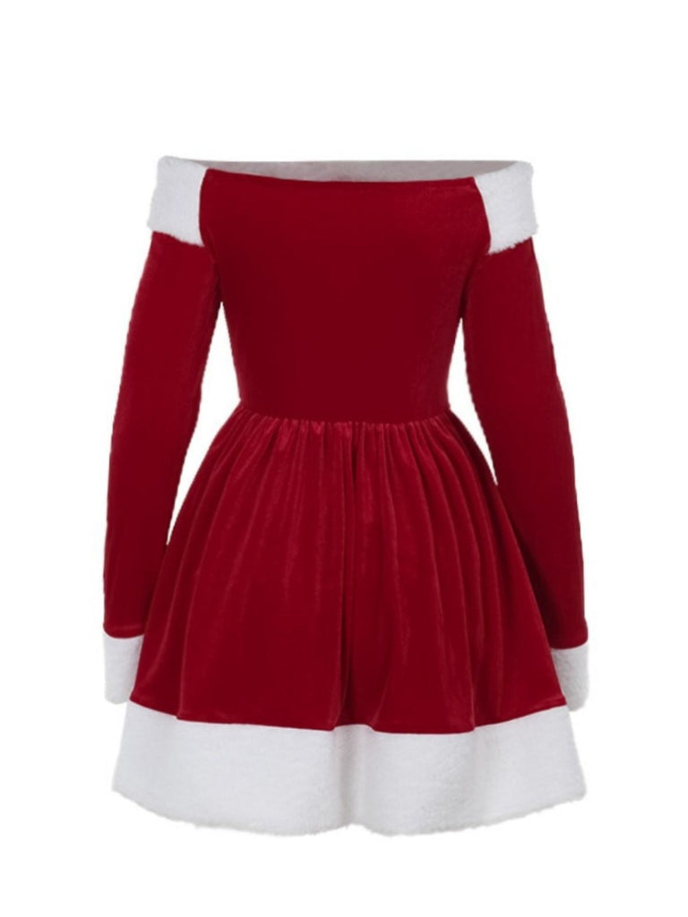 Robe rouge à épaules dénudées en velours de Noël des années 1960