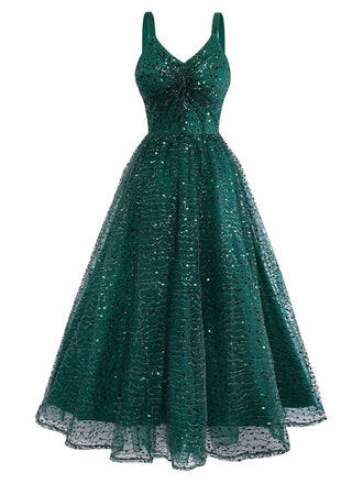Robe verte en maille à paillette torsadés des années 1930