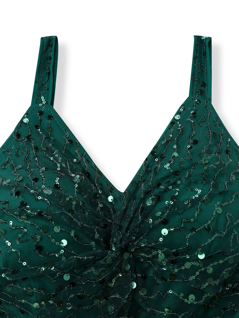 Robe verte en maille à paillette torsadés des années 1930