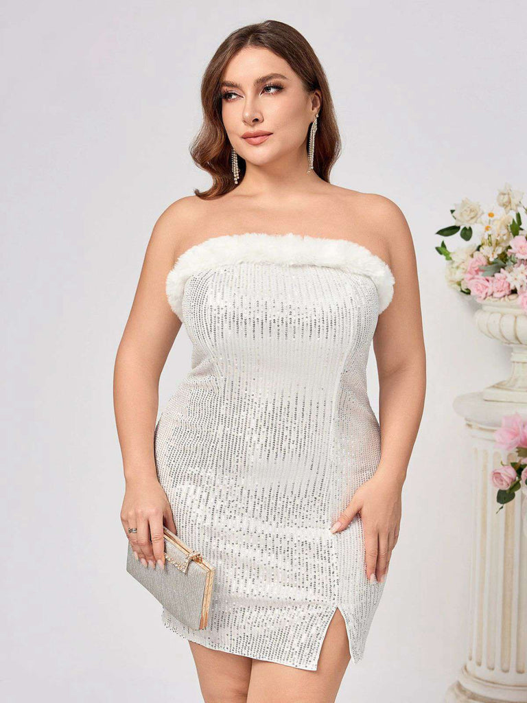 [Grande taille] Robe moulante blanche à paillettes et col en peluche années 1960