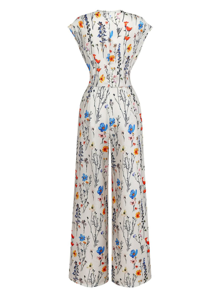 Combinaison beige à fleurs à manches courtes et col en V années 1950