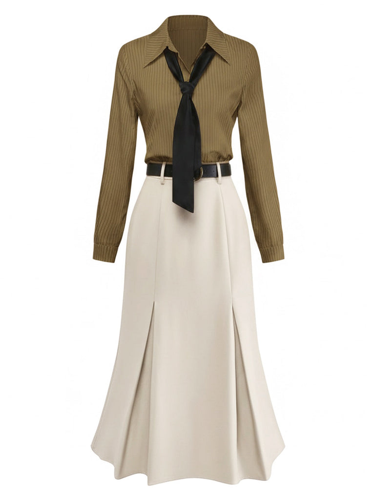 Robe kaki rayé patchwork plissée col revers et cravate années 1930