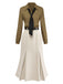 Robe kaki rayé patchwork plissée col revers et cravate années 1930