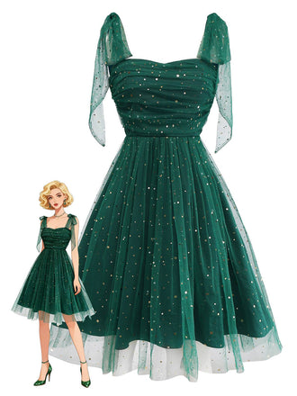 [Pré-vente] Robe verte en maille et paillettes à épaules dénudées et nœud papillon années 1950