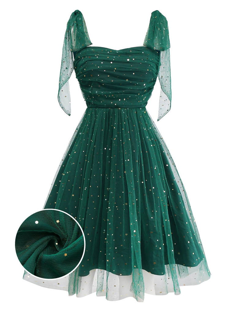 [Pré-vente] Robe verte en maille et paillettes à épaules dénudées et nœud papillon années 1950