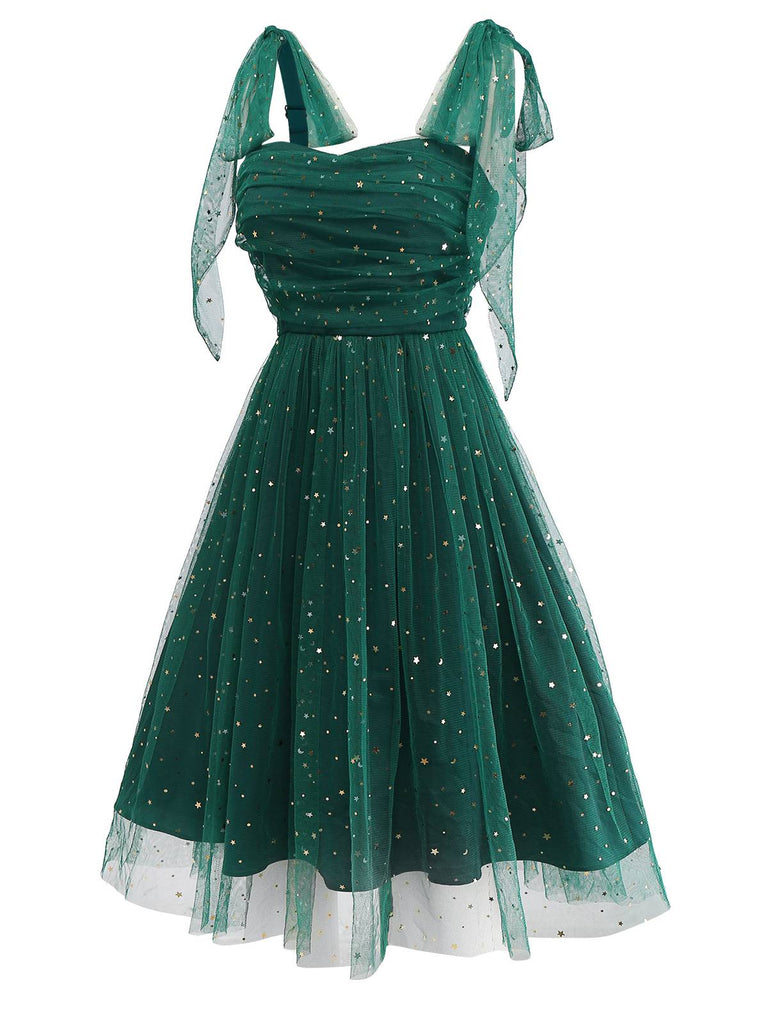 [Pré-vente] Robe verte en maille et paillettes à épaules dénudées et nœud papillon années 1950