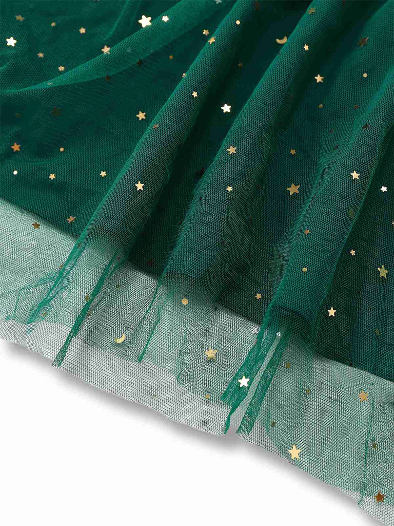 [Pré-vente] Robe verte en maille et paillettes à épaules dénudées et nœud papillon années 1950