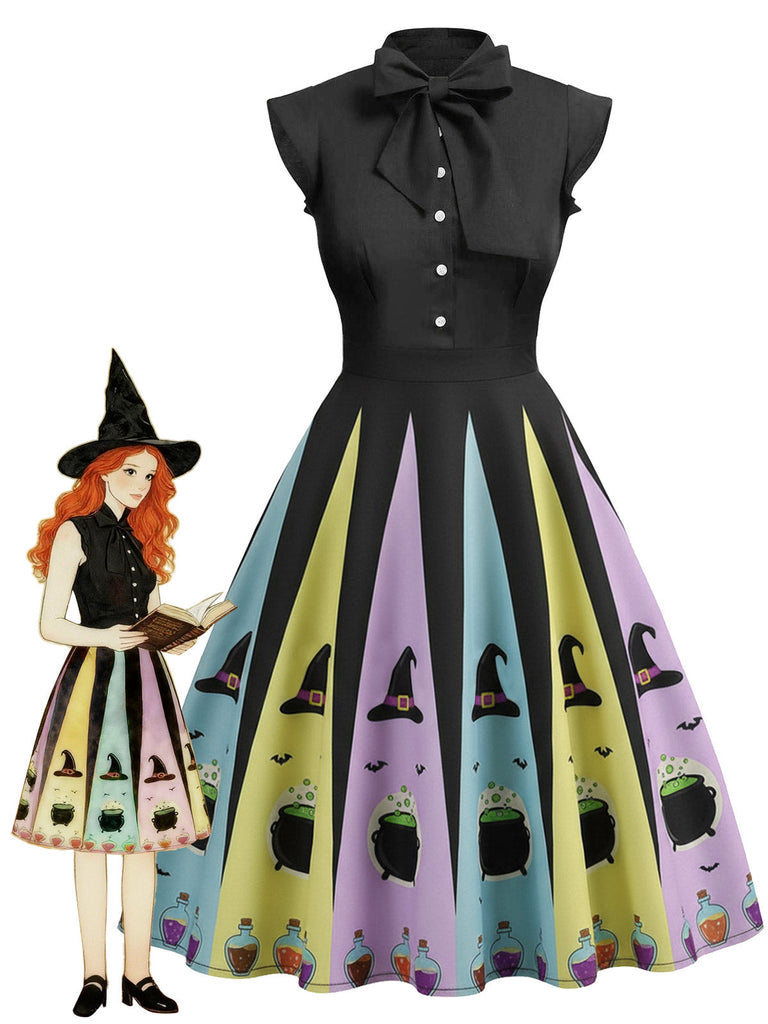 Robe trapèze col noué d'Halloween chapeau de sorcière des années 1950