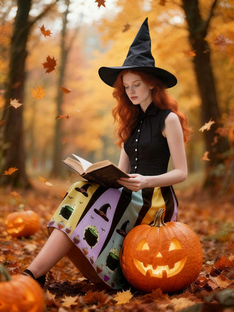 Robe trapèze col noué d'Halloween chapeau de sorcière des années 1950