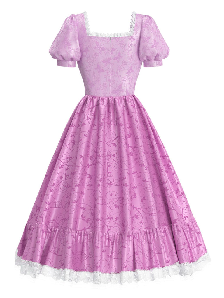 Robe de princesse manches bouffantes fleurs rose des années 1950