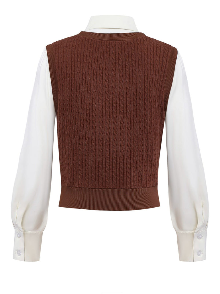 [Prévente] 2PCS marron style blouse et jupe à carreaux tricotées années 40