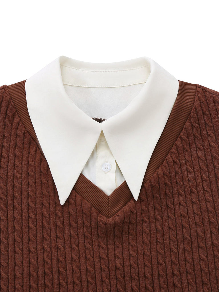 [Prévente] Gilet tricoté marron style faux chemisier 2 pièces années 1940