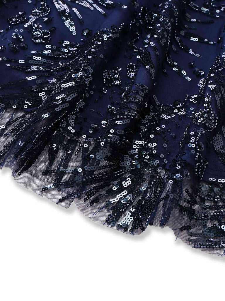 Robe bleue à fleurs brodée de paillettes à épaules dénudées années 1950