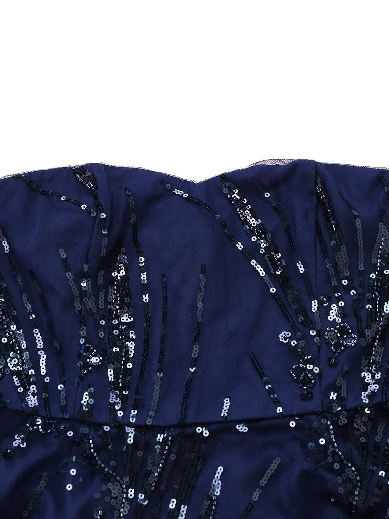 Robe bleue à fleurs brodée de paillettes à épaules dénudées années 1950