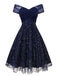 Robe bleue à fleurs brodée de paillettes à épaules dénudées années 1950