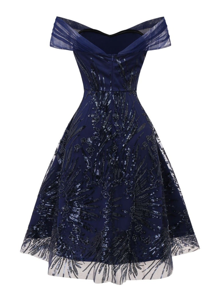 Robe bleue à fleurs brodée de paillettes à épaules dénudées années 1950
