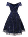 Robe bleue à fleurs brodée de paillettes à épaules dénudées années 1950