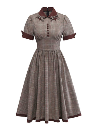 [Prévente] Robe à carreaux marron col revers et nœud papillon années 1950