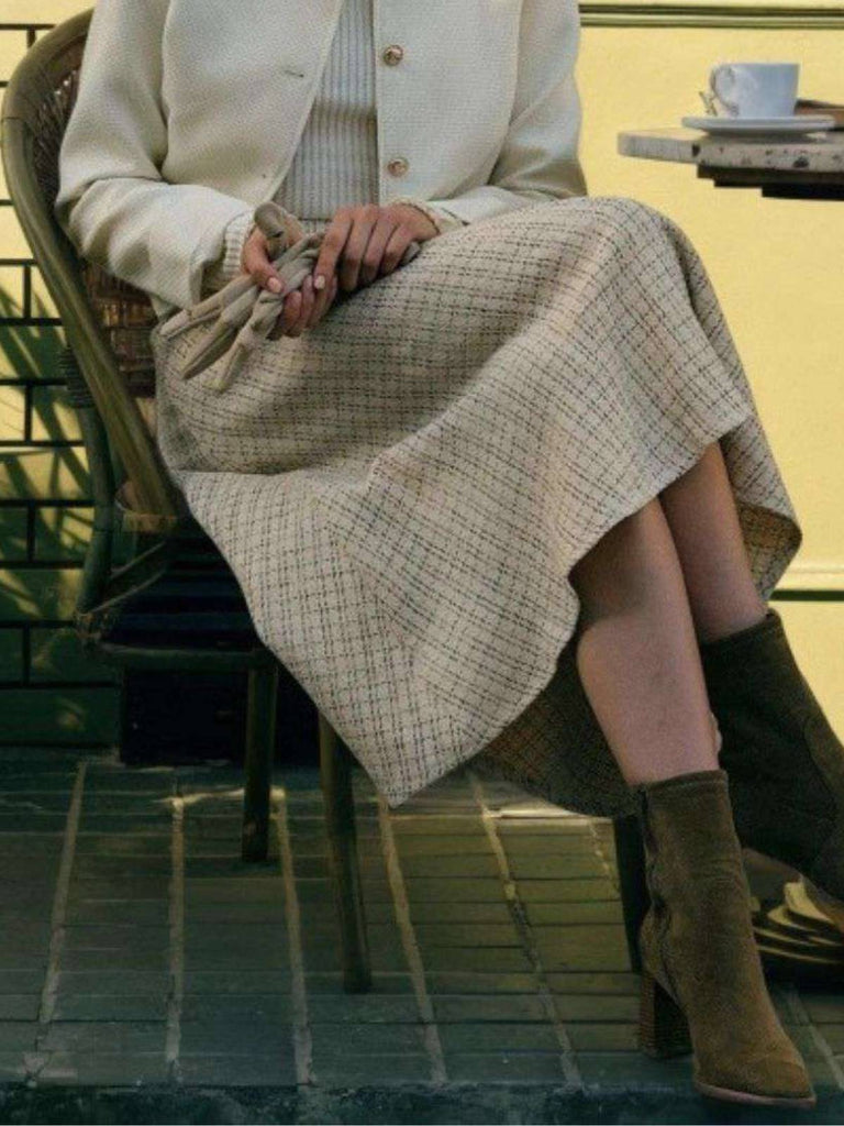 Jupe trapèze beige en tweed à carreaux à boutonsannées 1940