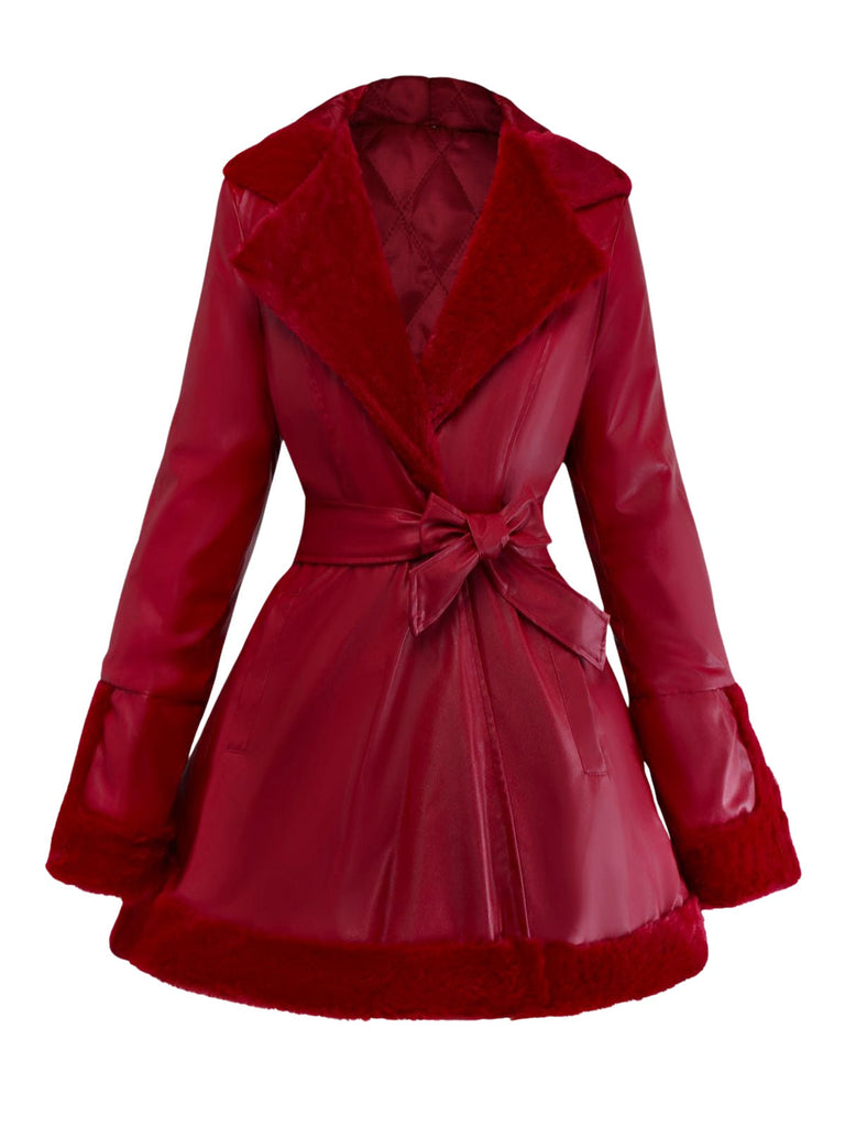 Manteau à capuche et col en fourrure en cuir des années 1950