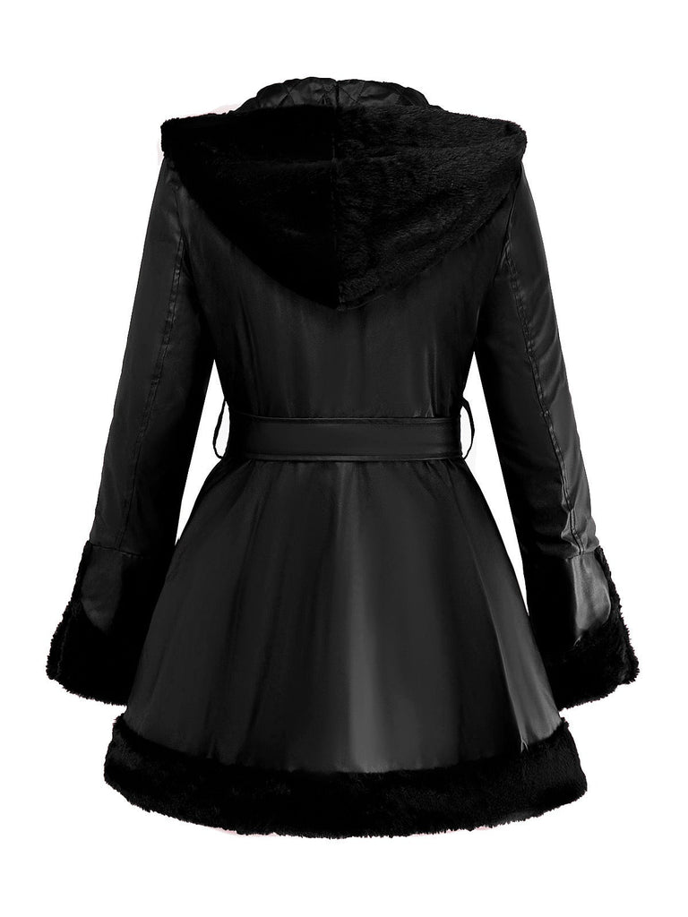 Manteau à capuche et col en fourrure en cuir des années 1950