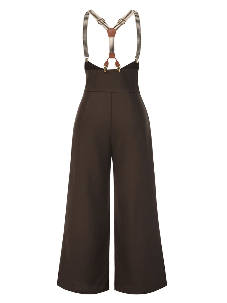 [Grande taille] Pantalon à bretelles marron foncé à bretelles boutonné années 1950